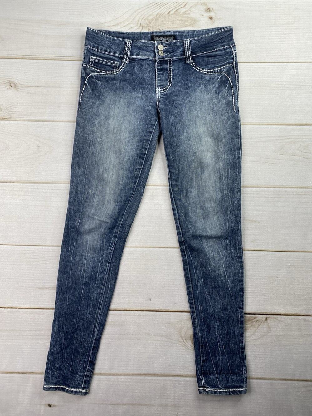 YMI Jeans USA Womens 5 Distressed Skinny Leg Stretch Denim Embroidered Low Rise